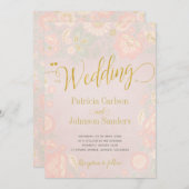 ピーチクリームと赤面春金ゴールド結婚スクリプト 招待状 (正面/裏面)