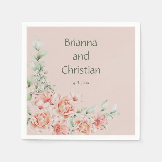 ピーチクリームアンドセージグリーンロマンチックフローラ園 スタンダードカクテルナプキン (正面)
