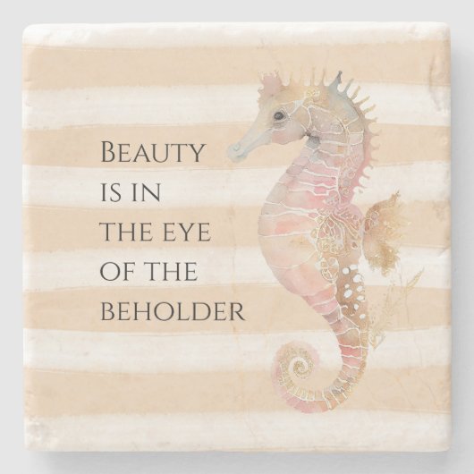 ピーチクリームウォーターカラービーチストライプ金ゴールドシーホース ストーンコースター (正面)