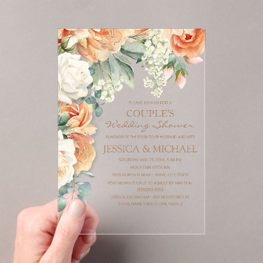 ピーチクリームウォーターカラーフローラアーチカップルのシャワー アクリル招待状 (インサイチュ (ポータブル))