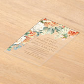 ピーチクリームウォーターカラーフローラアーチカップルのシャワー アクリル招待状 (レイダウン)