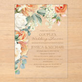 ピーチクリームウォーターカラーフローラアーチカップルのシャワー アクリル招待状 (正面)