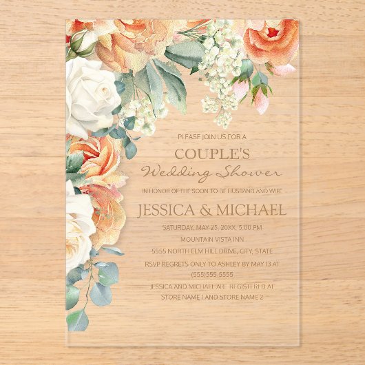 ピーチクリームウォーターカラーフローラアーチカップルのシャワー アクリル招待状 (正面)