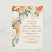 ピーチクリームウォーターカラーフローラカップルのシャワー 招待状 (正面/裏面)