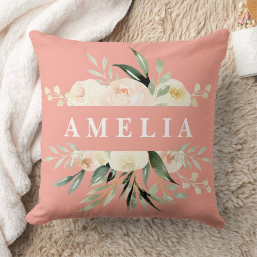 ピーチクリームグリーン水彩パーソナライズされたフローラ クッション (ブランケット)