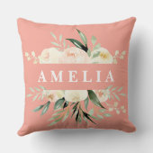 ピーチクリームグリーン水彩パーソナライズされたフローラ クッション (裏面)