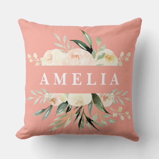 ピーチクリームグリーン水彩パーソナライズされたフローラ クッション (正面)