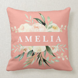 ピーチクリームグリーン水彩パーソナライズされたフローラ クッション