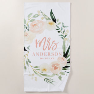 ピーチクリームグリーン水彩結婚フローラズ ビーチタオル