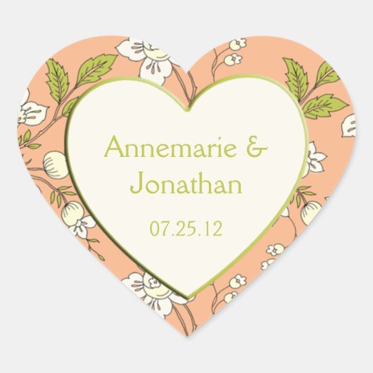 ピーチクリームグリーン結婚フラワーズシール ハートシール (正面)
