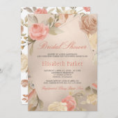 ピーチクリームゴールドフェイクフォイルフローラブライダルシャワー 招待状 (正面/裏面)