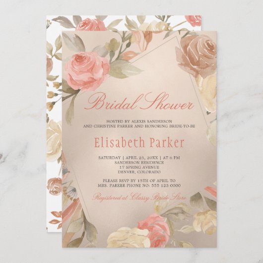 ピーチクリームゴールドフェイクフォイルフローラブライダルシャワー 招待状 (正面/裏面)