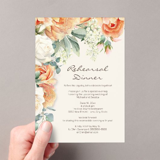 ピーチクリームフローラグリーナリーアーチリハーサルディナー アクリル招待状 (インサイチュ (ポータブル))