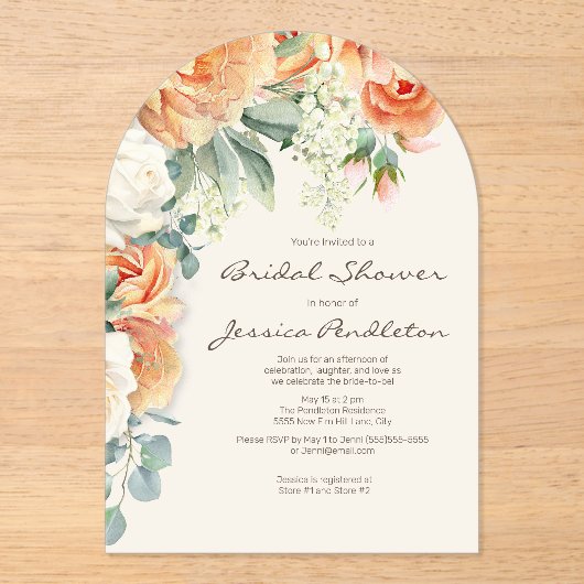 ピーチクリームフローラユーカリブライダルシャワー アクリル招待状 (正面)