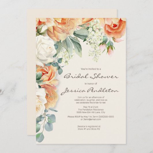 ピーチクリームフローラユーカリブライダルシューウェ 招待状 (正面/裏面)