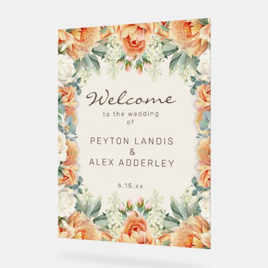 ピーチクリームフローラユーカリ結婚スウェルカム アクリルサイン (傾斜)