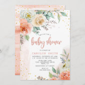 ピーチクリームホワイトローズフローラ金ゴールドベビーシャワー 招待状 (正面/裏面)