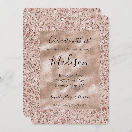 ピーチクリーム赤面ヒョウ印刷グリッター 招待状 (正面/裏面)