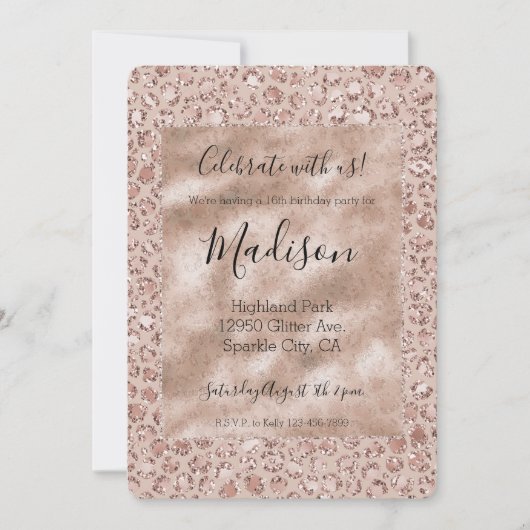 ピーチクリーム赤面ヒョウ印刷グリッター 招待状 (正面)