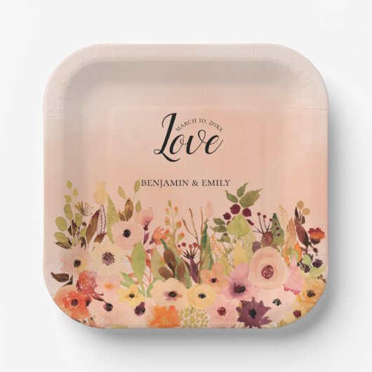 ピーチグラデーションウォーター色のフローラ結婚ズ ペーパープレート (正面)