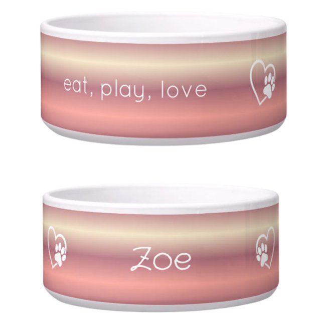 ピーチグラデーション Eat Play Love オリジナル犬名前ボウル ボウル (クリエイターアップロード済み)