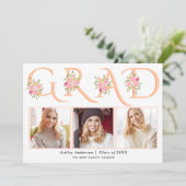 ピーチグラードタイポグラフィピンクのバラ写真卒業 案内状 (スタンド正面)
