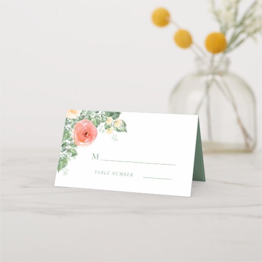 ピーチグリーンウォーターカラーフローラモノグラムロマンチック プレイスカード (正面)