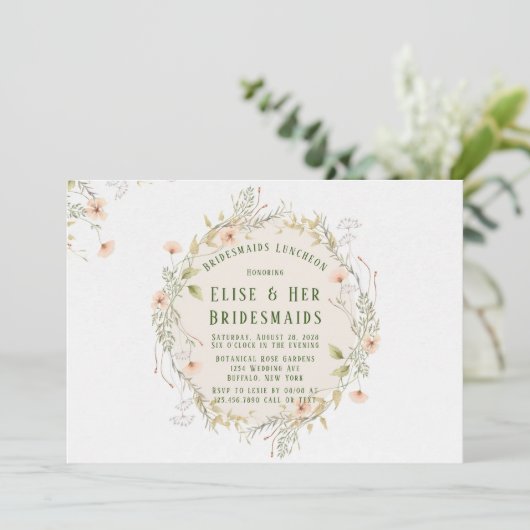 ピーチグリーンワイルドフラワーズリースブリデスメイドランチ 招待状 (スタンド正面)