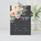 ピーチグリーン紺パステルフラワーの結婚式RSVPカード 出欠カード (スタンド正面)