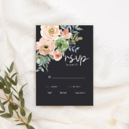 ピーチグリーン紺パステルフラワーの結婚式RSVPカード 出欠カード