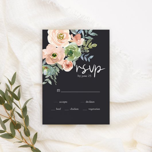 ピーチグリーン紺パステルフラワーの結婚式RSVPカード 出欠カード