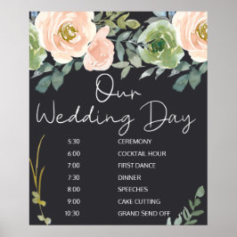 ピーチグリーン+ネイビーパステルフラワーの結婚式スケジュール ポスター