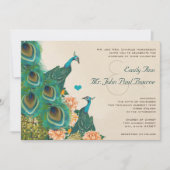 ピーチコーラルアプリコットピーニーバードケージピーコック結婚ズ 招待状 (正面)