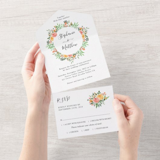 ピーチコーラルウォーター色結婚フローラ オールインワン招待状 (貼ってはがせる)