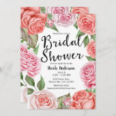 ピーチコーラルピンクローゼズグリーンリーブライダルシャワー 招待状 (正面/裏面)