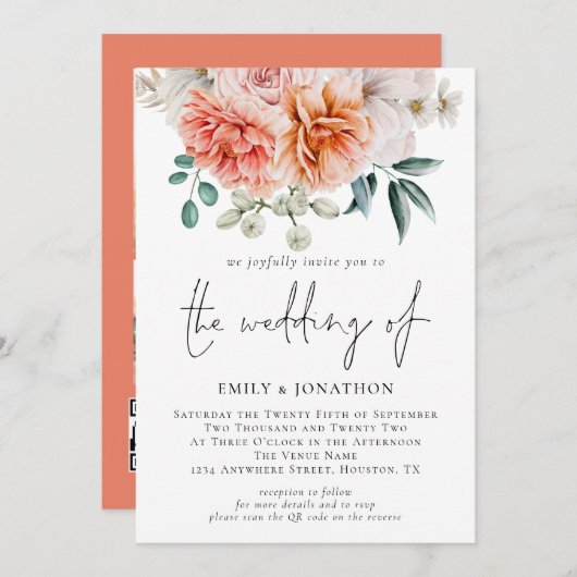 ピーチコーラルピーニーフローラ3 Photo QR Code 結婚's 招待状 (正面/裏面)