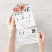 ピーチコーラルピーニー花模様QRコードスクリプ結婚ト オールインワン招待状 (貼ってはがせる)