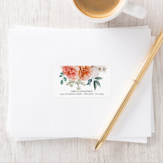 ピーチコーラルプオーニー花模様差出人住所 ラベル (インサイチュ)