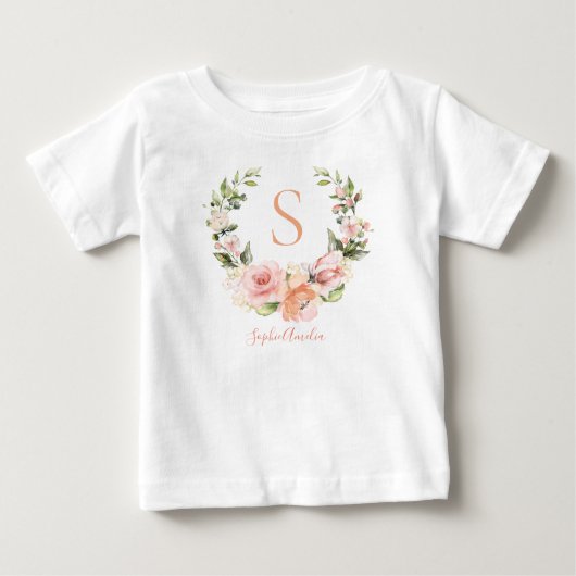 ピーチコーラルローズの花輪 赤ちゃんの名前をオーダーメイド ベビーTシャツ (正面)
