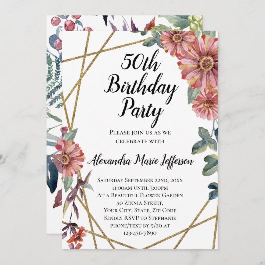 ピーチコーラル《植物》百日草フラワーウォメンズ50誕生日 招待状 (正面/裏面)