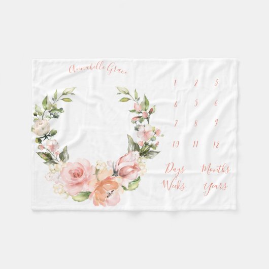 ピーチサンゴバラリース月次ベビーマイルストーン フリースブランケット (正面(横))