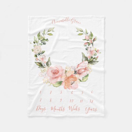 ピーチサンゴバラリース月次ベビーマイルストーン フリースブランケット (正面)