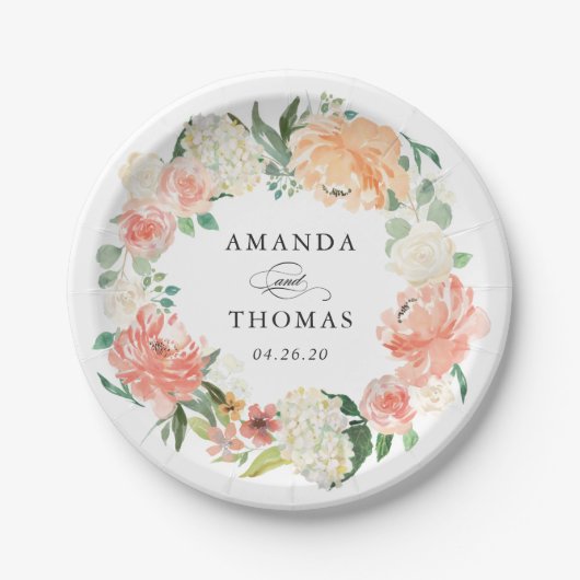 ピーチサンゴ赤面フローラ結婚リース ペーパープレート (正面)