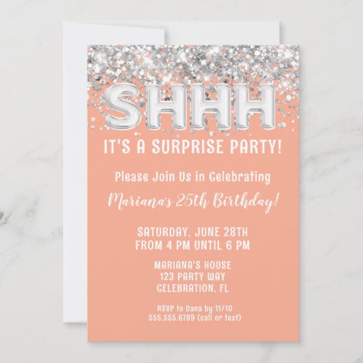 ピーチシルバーグリッターサプライズバースデーパーティー 招待状 (正面)