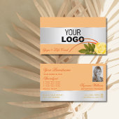 ピーチシルバーデコールバラフラワーロゴと写真 名刺