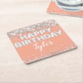 ピーチシルバーバースデーパーティー スクエアペーパーコースター (アングル)