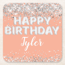 ピーチシルバーバースデーパーティー スクエアペーパーコースター