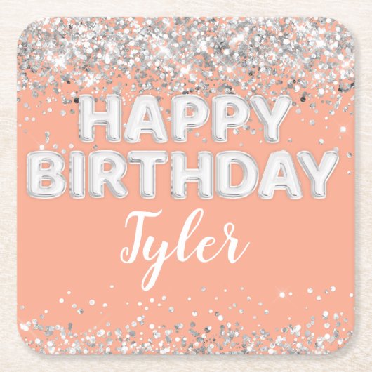 ピーチシルバーバースデーパーティー スクエアペーパーコースター (正面)