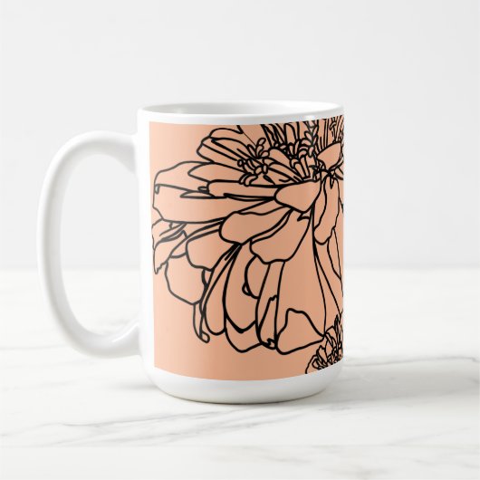 ピーチシンプルファズ黒線フローラスケッチ コーヒーマグカップ (左)