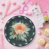 ピーチジェイドティール（緑がかった色）フローラウォーターカラー誕生日 ペーパープレート (パーティー)